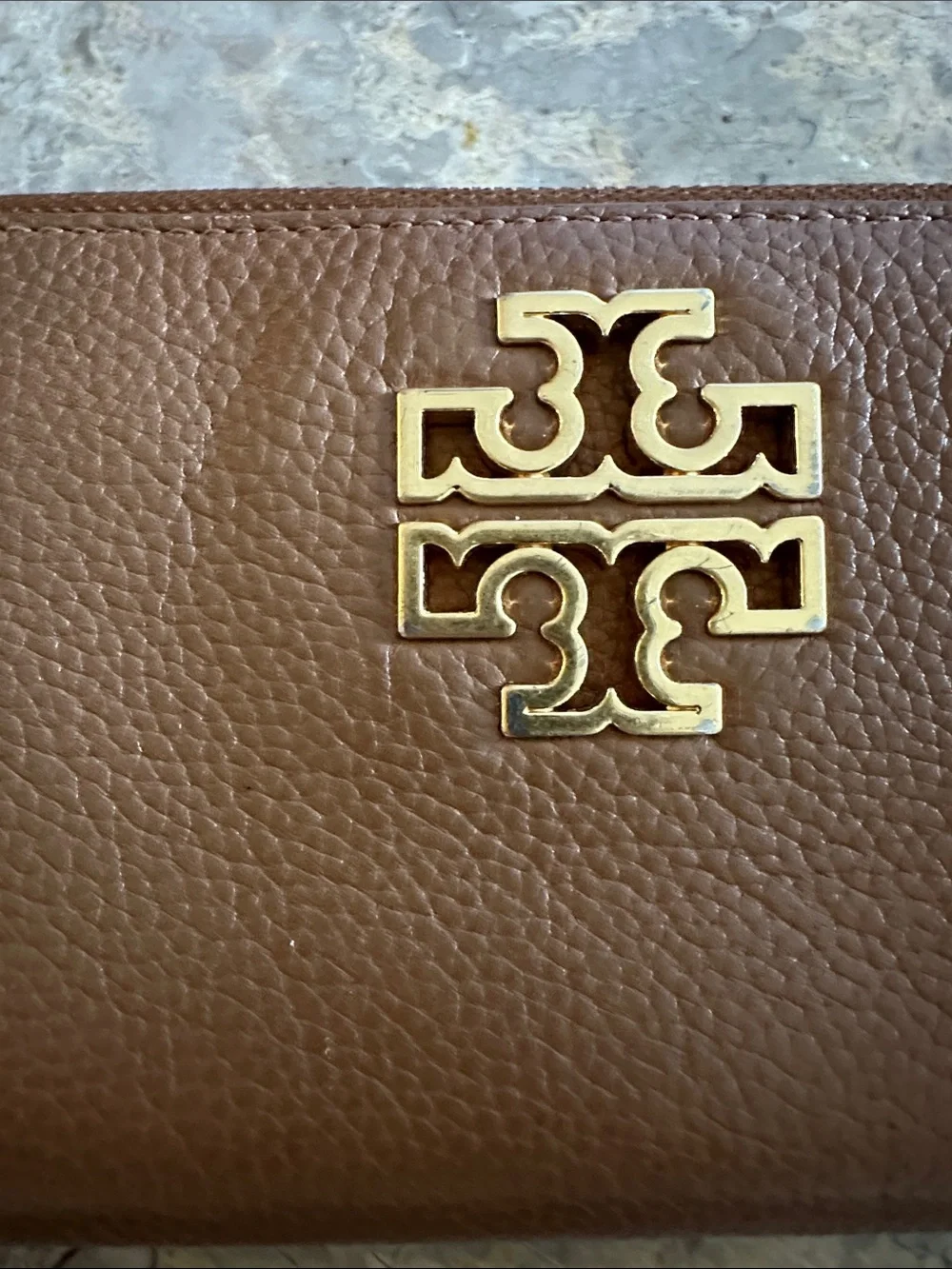 Tory Burch Brown Leather Zip Wallet with Gold Logo